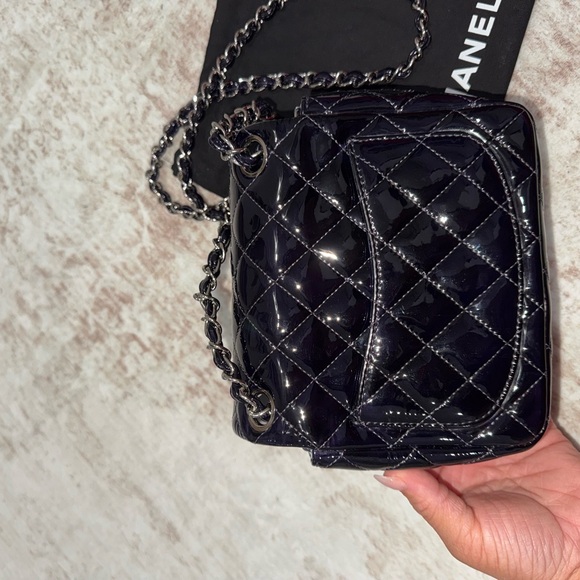 CHANEL Navy Blue Patent Quilted Mini Flap Crossbody with Silver Chain - Picture 9 of 9